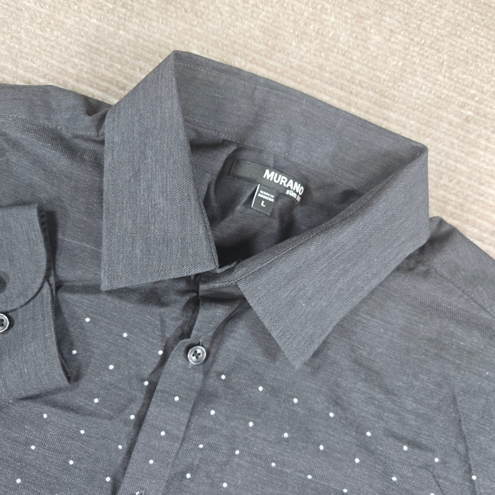 Murano Mens L Charcoal Grey Slim Fit Polka Dot Long Sleeve Button Down Shirt